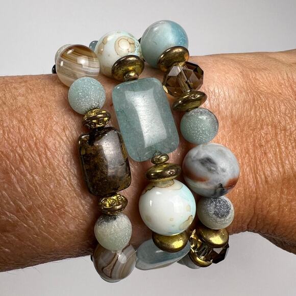 Handmade Beaded Bracelet Trio Earthy Color Theme Mixed Metal Beads Browns Blues - Picture 4 of 6